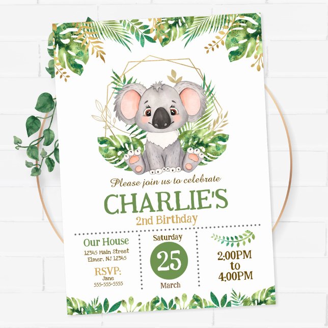 Cute Koala Floral Sage Greenery 2nd Birthday Invitation (Creator Uploaded)