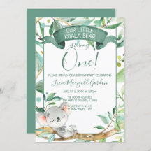 Cute Koala Green Grey First Birthday Party