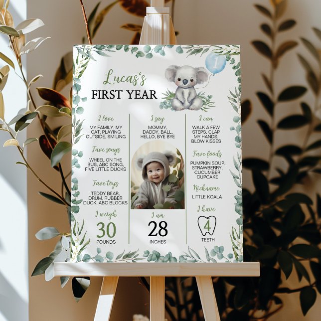 Cute Koala Greenery First Year Photo Milestone Poster (Creator Uploaded)