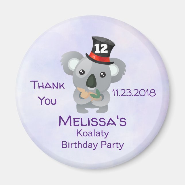 Cute Koala in a Black Top Hat Birthday Thank You Magnet (Front)