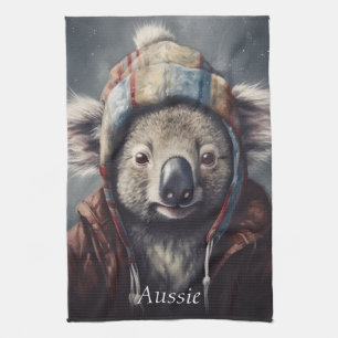 Cute Koala in Winter Hat Custom Name Tea Towel