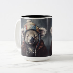 Cute Koala in Winter Hat Custom Name Two-Tone Coffee Mug