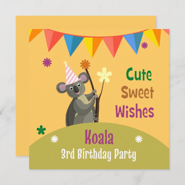 Cute Koala Kids Birthday Party Invitation Card (Front/Back)