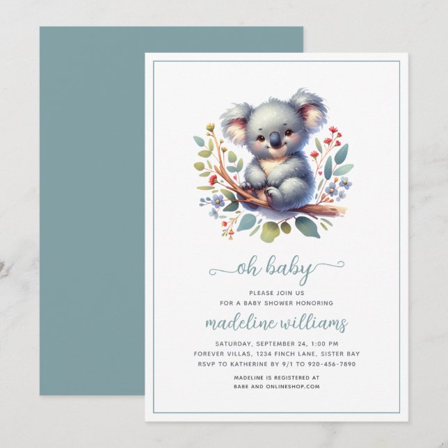 Cute Koala Oh Baby Shower Invitation (Front/Back)
