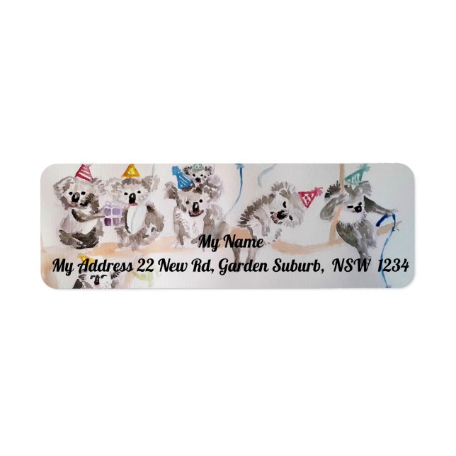 Cute Koala Party Watercolour Return Address Labels (Front)