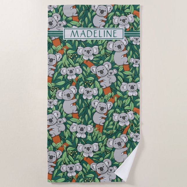 Cute Koala Pattern Personalized Hunter Green Beach Towel (Front)