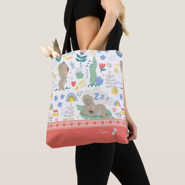 Cute Koala Pattern with Little Girl Name on Pink Tote Bag (Close Up)