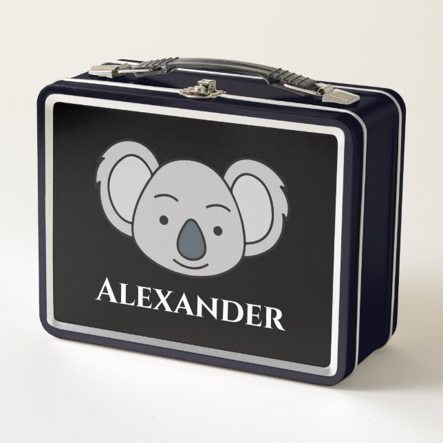 Cute Koala Personalised Custom Name Back To School Metal Lunch Box (Front)