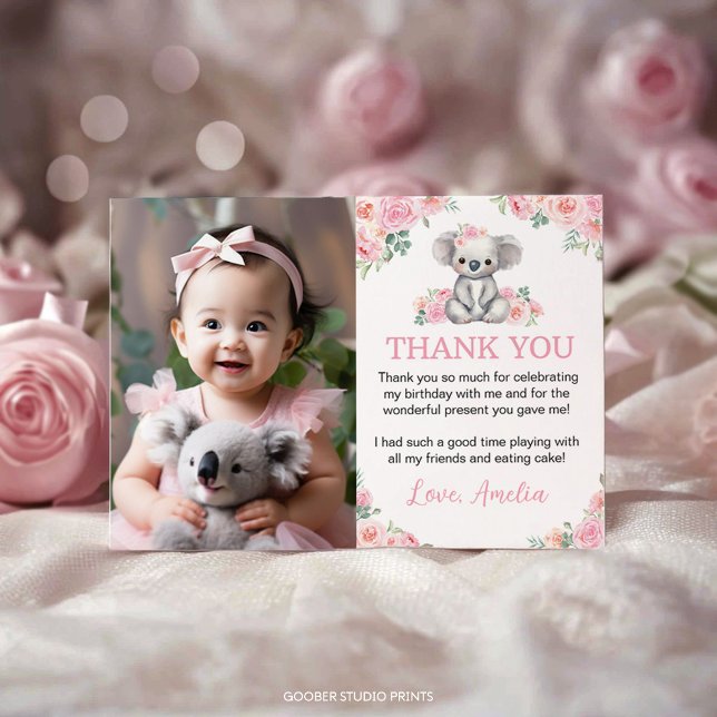 Cute Koala Pink Floral Birthday Party Photo Thank You Card (Creator Uploaded)