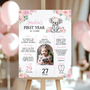 Cute Koala Pink Floral First Year Photo Milestone Poster