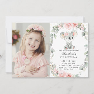 Cute Koala Pink Floral Greenery Birthday Photo Invitation