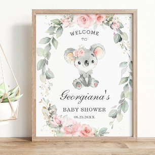 Cute Koala Pink Floral Sage Greenery Baby Shower Poster