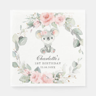 Cute Koala Pink Floral Sage Greenery Birthday Napkin