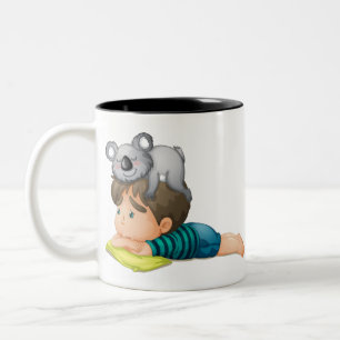 Cute koala playing with lovely boy Australia Two-Tone Coffee Mug