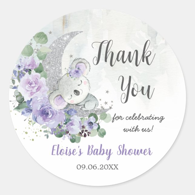 Cute Koala Purple Floral Moon Baby Shower Birthday Classic Round Sticker (Front)