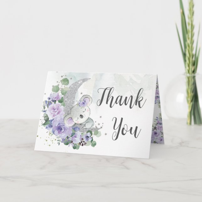 Cute Koala Purple Floral Moon Baby Shower Birthday Thank You Card (Front)
