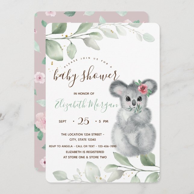 Cute Koala Roses Baby Shower Invitation (Front/Back)