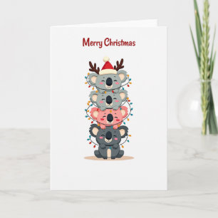 Cute Koala Stack Christmas Lights and Santa Card
