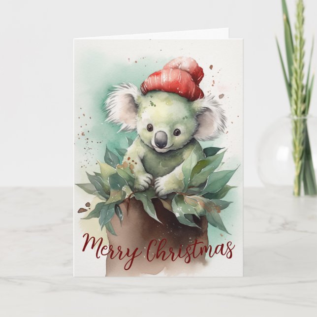 Cute Koala Watercolour Holiday Christmas Card (Front)