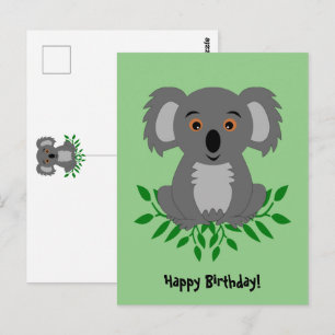 Cute koala with eucalyptus kids birthday postcard