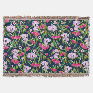 Cute Koalas Pale Lilac on Pink Eucalyptus Flowers Throw Blanket