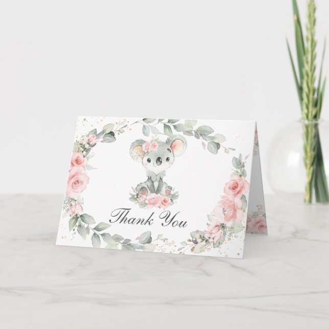 Cute Koalas Pink Floral Greenery Girl Baby Shower Thank You Card (Front)