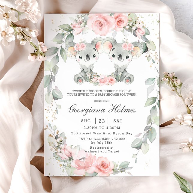 Cute Koalas Pink Floral Twin Girls Baby Shower Invitation (twins girls koala bears blush pink floral sage greenery wreath baby shower invitation cards digital)