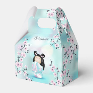 Cute Kokeshi Doll Cherry Blossoms Turquoise  Favour Box