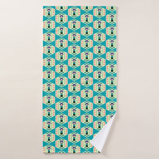 Cute Kokeshi Doll Hexagon Pattern Bath Towel (Bath Towel)
