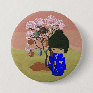 Cute kokeshi Doll with cherry blossom tree 7.5 Cm Round Badge