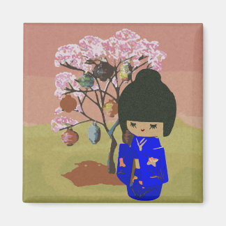 Cute kokeshi Doll with cherry blossom tree Magnet