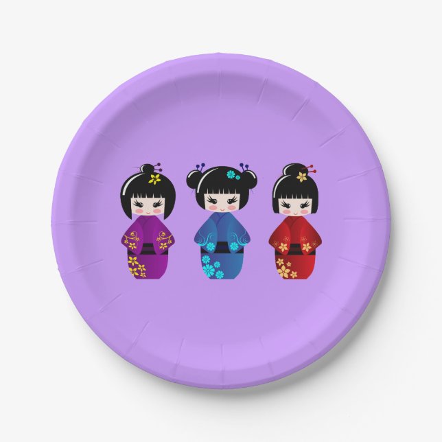 Cute kokeshi dolls cartoon girls paper plate (Front)