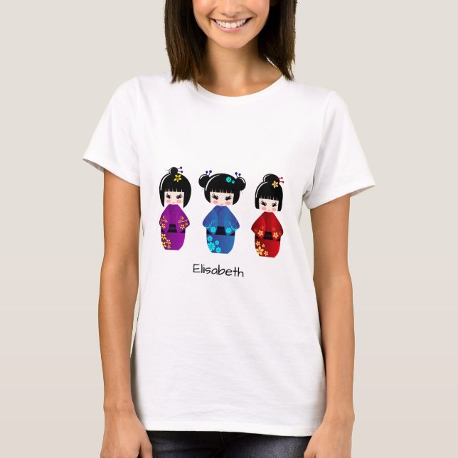 Cute kokeshi dolls cartoon name shirt for woman (Front)