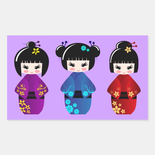 Cute kokeshi dolls cartoon rectangular sticker (Front)