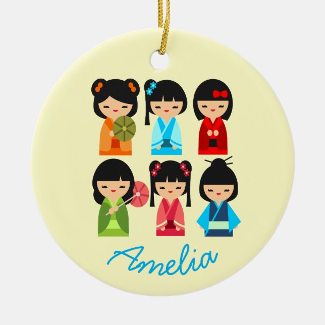 Cute Kokeshi Japanese dolls Ceramic Tree Decoration (Front)