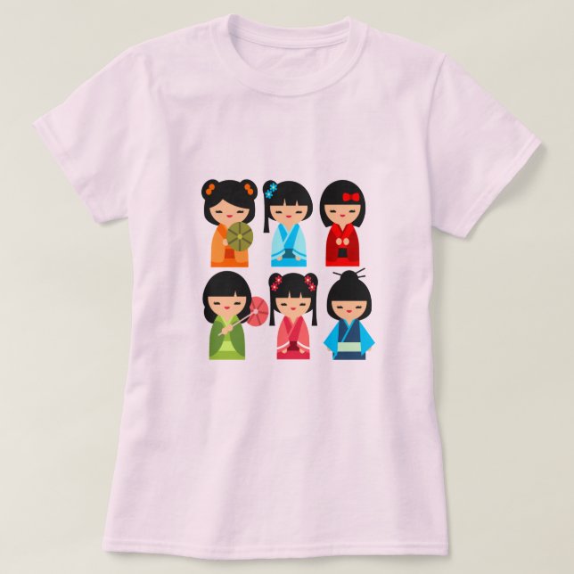 Cute Kokeshi Japanese dolls T-Shirt (Design Front)