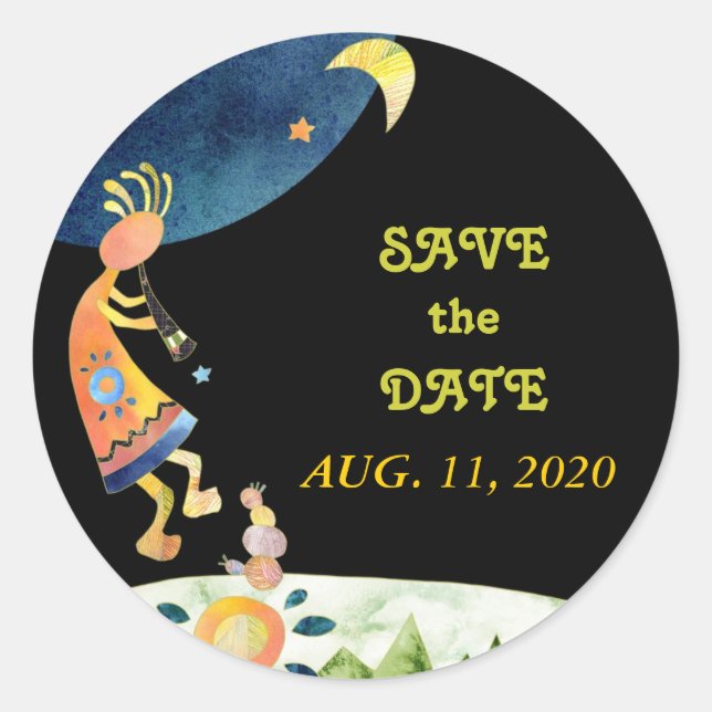 Cute Kokopelli Tribal Wedding Save the Date Classic Round Sticker (Front)