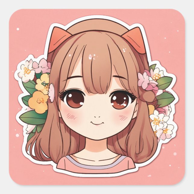 cute korean girl kawaii cartoon simple die cut sti square sticker (Front)