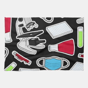 Cute Lab Pattern Black Background Tea Towel