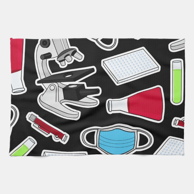 Cute Lab Pattern Black Background Tea Towel (Horizontal)