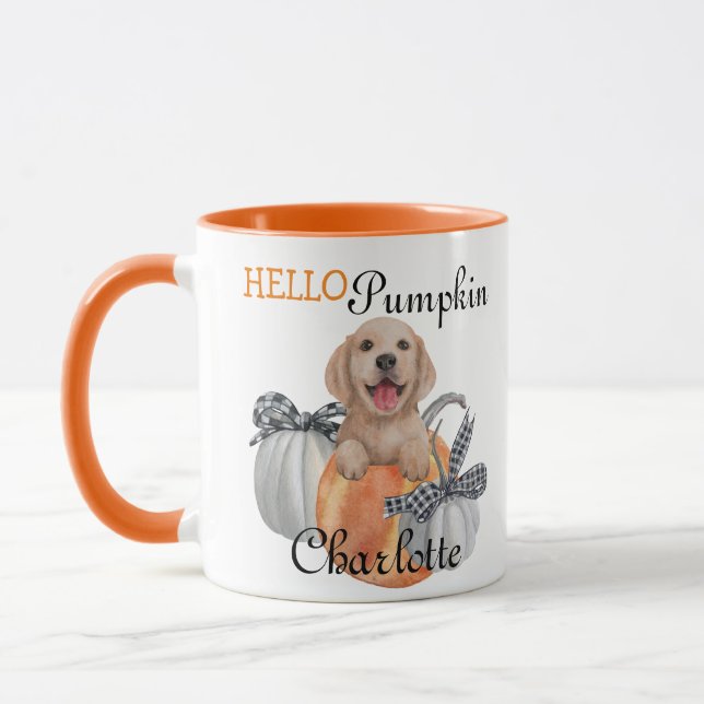 Cute Lab Puppy Dog Grey Orange Plaid Hello Pumpkin Mug (Left)