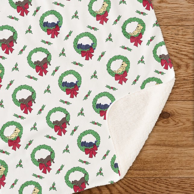 Cute Lab Puppy Holiday Wreaths Pattern Sherpa Blanket (Creator Uploaded)