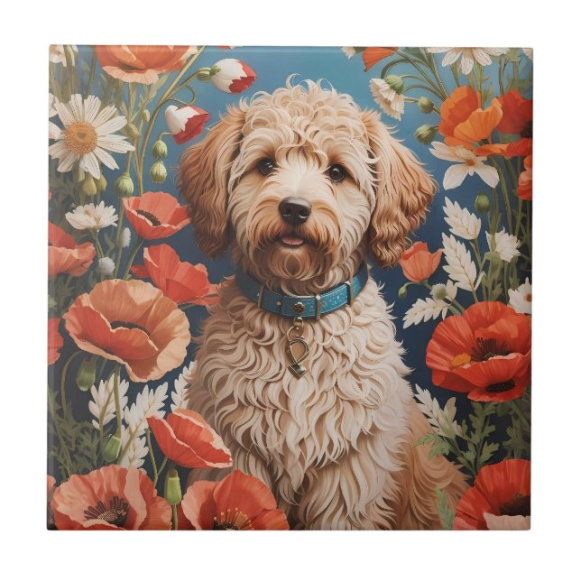 Cute Labradoodle Daisy And Poppy Flower Tile (Front)