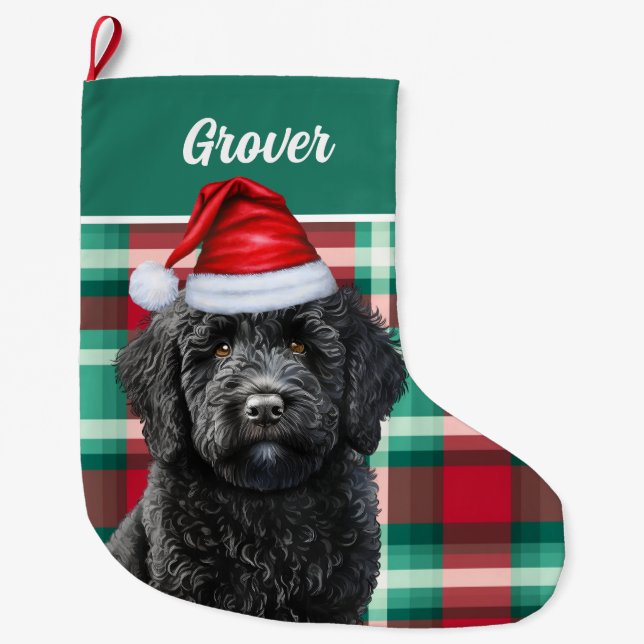 Cute Labradoodle Holiday Plaid Personalised Large Christmas Stocking (Front)