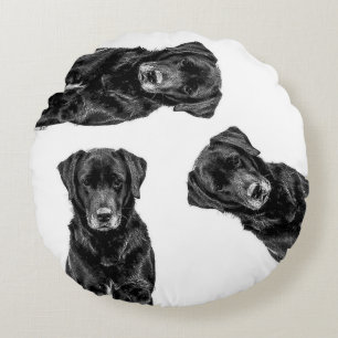 Cute Labrador Black Dog Puppy Pet Sketch Round Cushion
