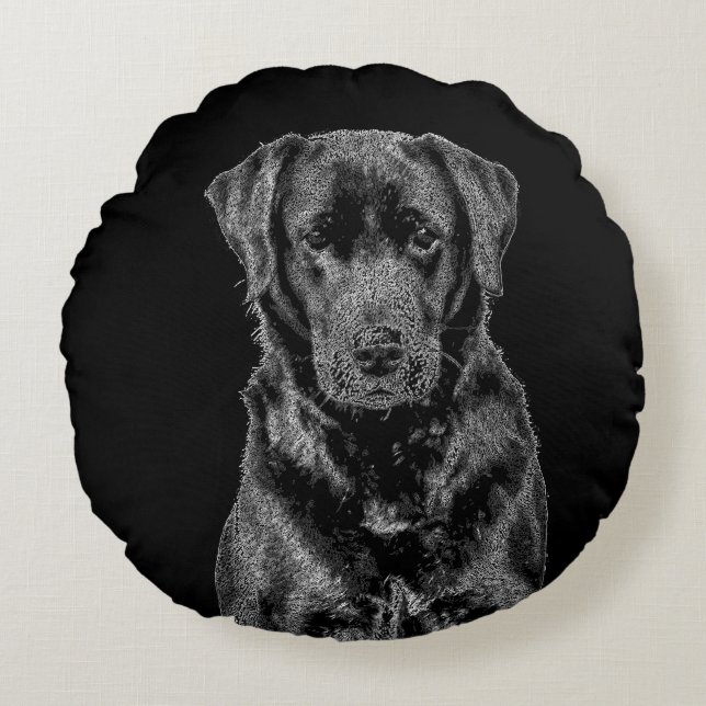 Cute Labrador Black Dog Puppy Pet Sketch Round Cushion (Front)