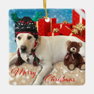 Cute Labrador Dog Christmas Antler Hat Ceramic Ornament