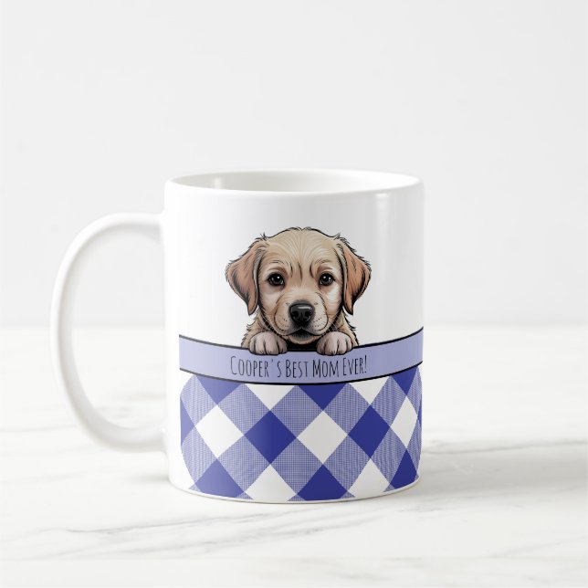 Cute Labrador Puppy Best Dog Mum Dark Blue Gingham Coffee Mug (Left)
