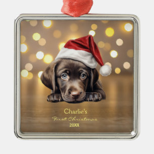 Cute Labrador Retriever Dog Santa Hat Paw Custom Metal Tree Decoration