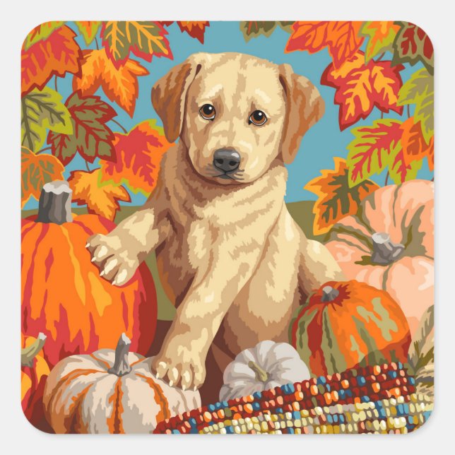 Cute Labrador Retriever Puppy Autumn Harvest Square Sticker (Front)